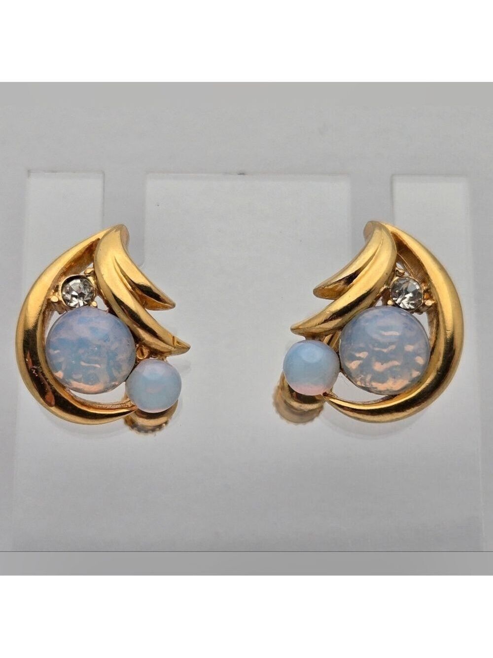 Gold Tone Faux Opal Clip-On Earrings Floral Leaf Rhinestone 7/8”